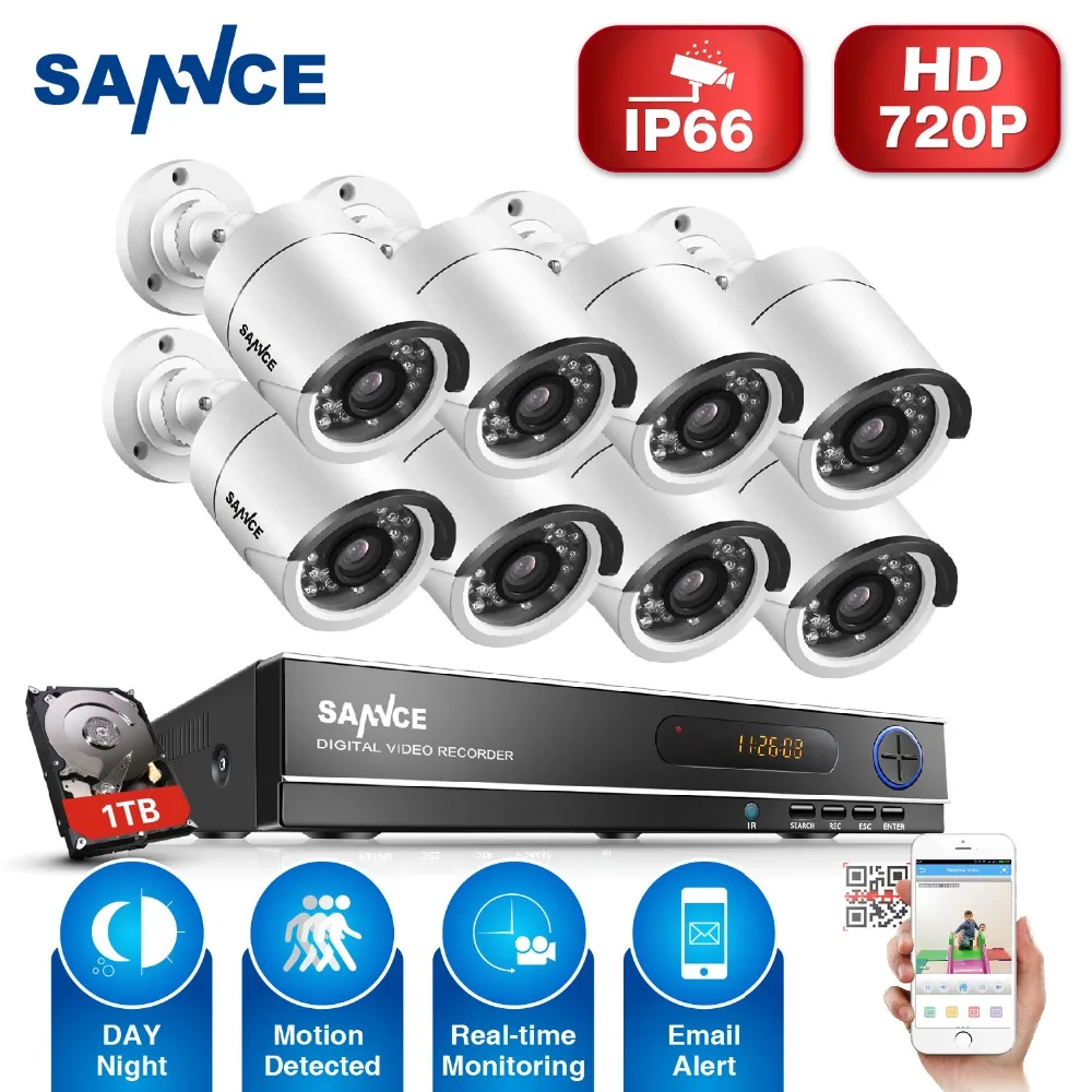 SANNCE 8 Channels CCTV Security System 8CH HD 1080N DVR 8PCS 1280 720P IR outdoor Cameras