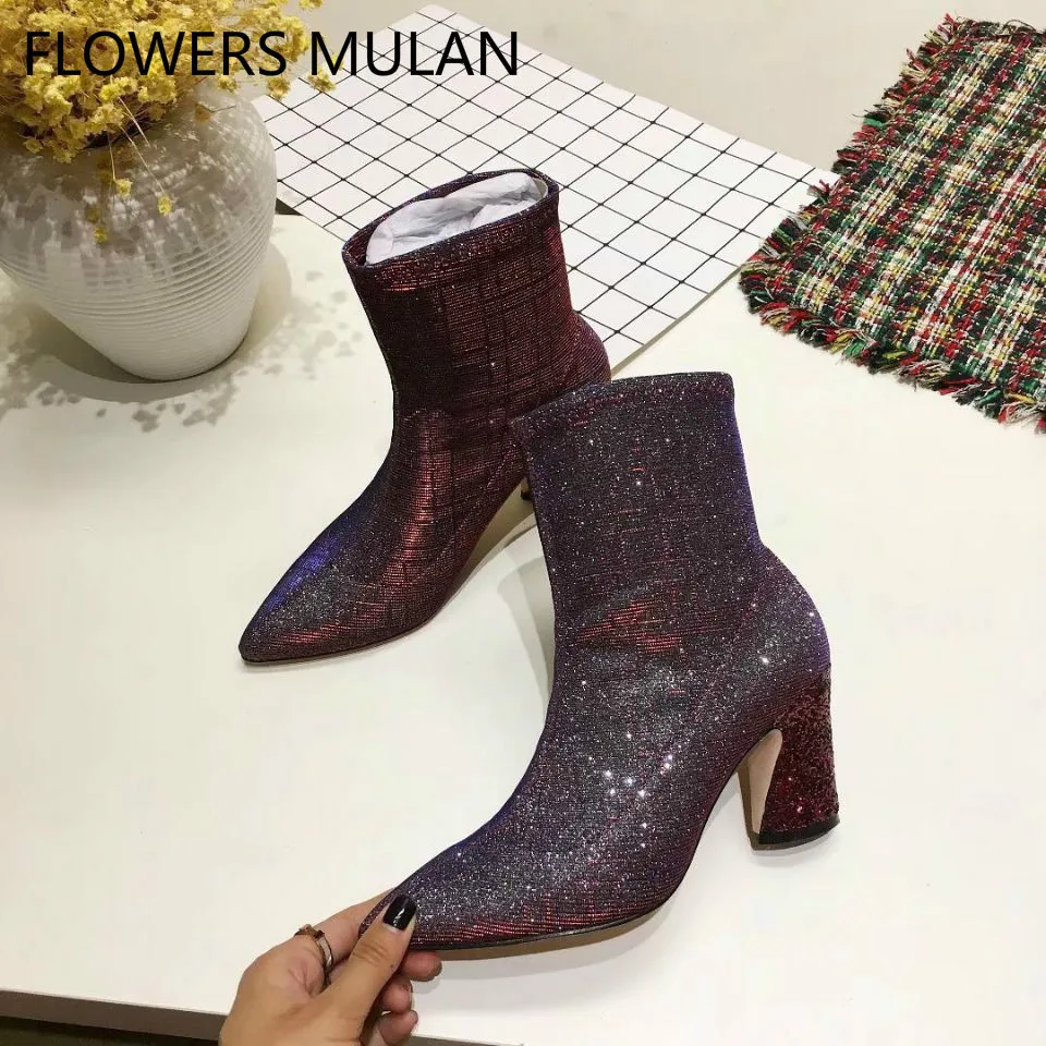 

2018 Winter New Bling Fluorescence Leather Ankle Boots Women Pointed Toe Glitter Fashion Botas Lady Chic Pointed Toe High Heel