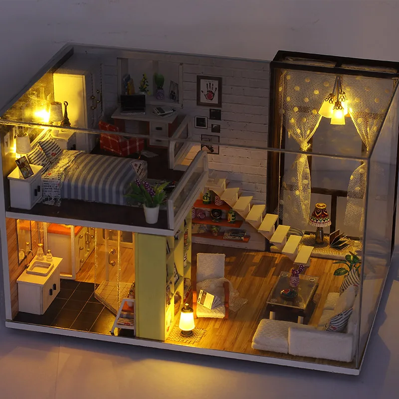 Diy деревянный кукольный дом игрушка кукольный домик Миниатюрный сборный комплект со светодиодной мебелью ручной работы миниатюрный кукольный домик простая городская модель
