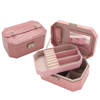

Double layer PU jewelry box crocodile wedding storage box new portable octagonal jewelry box