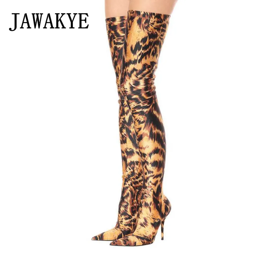

JAWAKYE Leopard Print Elastic stockings thigh high boots Women Sexy Stiletto High Heels Pointy Party Shoes Sock long booties