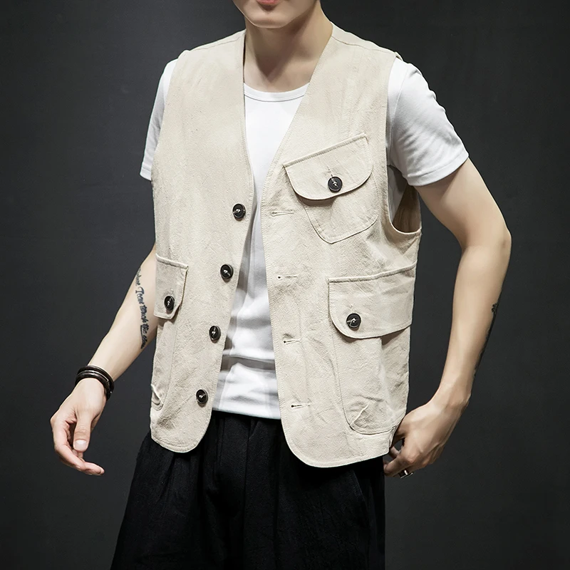 Male Solid Color Sleeveless Coat Japan Style Fashion Waistcoat Men Summer Casual Vest Jacketin
