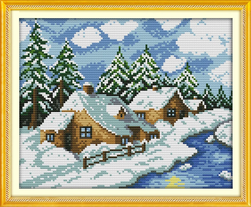 

Winter fairy tale house cross stitch kit landscape 14ct 11ct count printed canvas stitching embroidery DIY handmade needlework