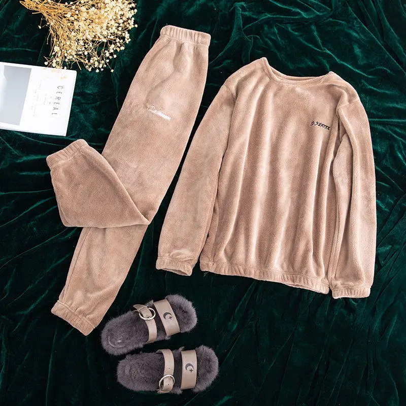 Top-Pants-Coffee Осенне-зимние фланелевые женские пижамные комплекты, одежда для сна, домашняя одежда, Толстая теплая Коралловая бархатная женская ночная рубашка, костюм, пижама - Цвет: Top-Pants-Coffee