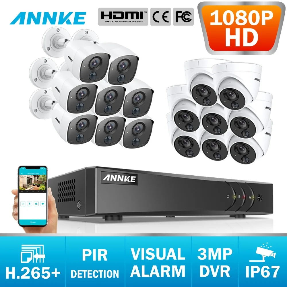 ANNKE 16CH 3MP H.265 + 5in1 видеонаблюдения DVR 8 шт 1080 P купол Камера и 8 шт пуля ПИР обнаружения Камера видеонаблюдения Системы комплект