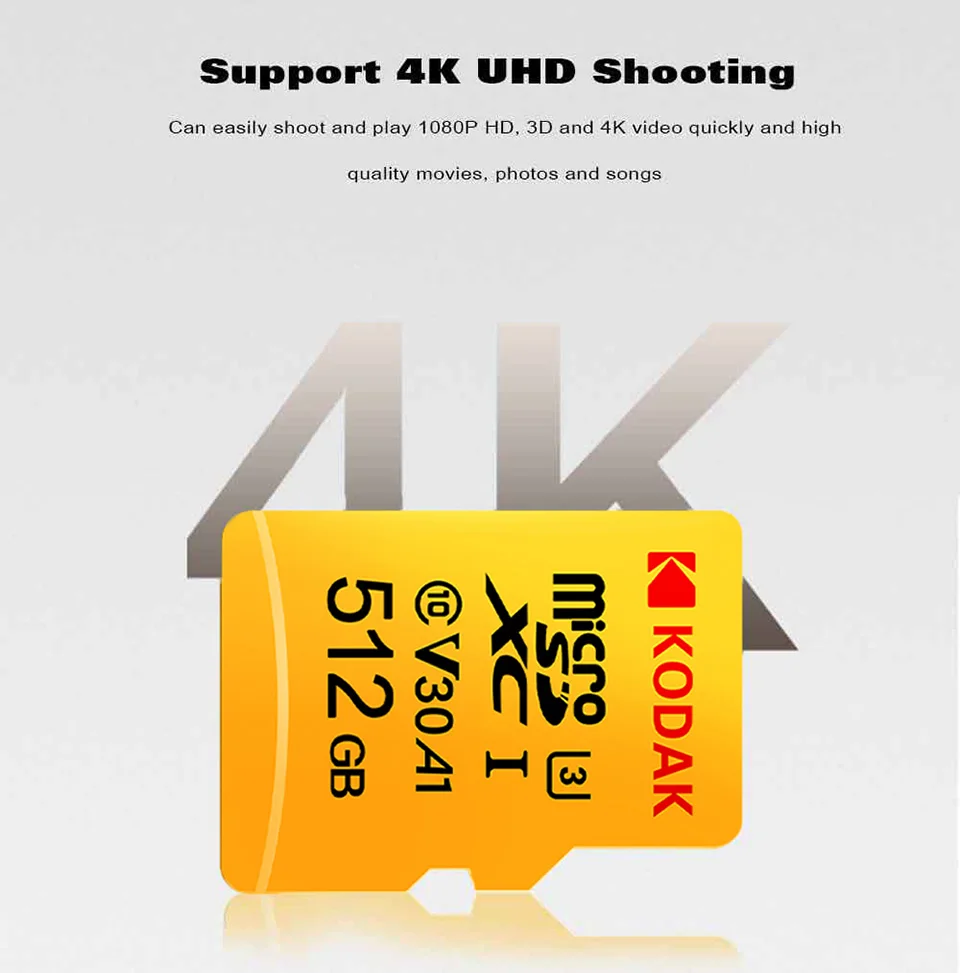 Карта памяти Kodak, 256 ГБ, 128 ГБ, 64 ГБ, U3, 32 ГБ, Micro sd карта, класс 10, UHS-1, флеш-карта, память Microsd, TF/sd карта s для планшета, 512 ГБ