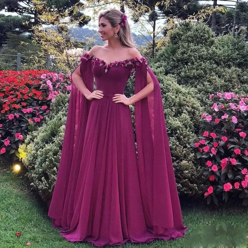 

See Through O-Neck Evening Dresses Wear Long Sleeves 3D Flowers Chiffon Purple Prom Dress Long Pleats African Party Gowns 2019