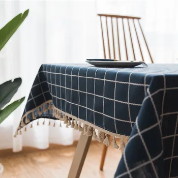 

Deep Blue Dinner Tablecloth Rectangular Plaid Print Table Cloth for Home Cotton Linen Tea Table Cover Wedding Table with Tassels