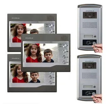 

ZHUDELE 3X7"Video Door Phone Monitors+2XIR HD IR Camera w/t ID Card Unlocking function Home Security Intercom System For 2 Doors
