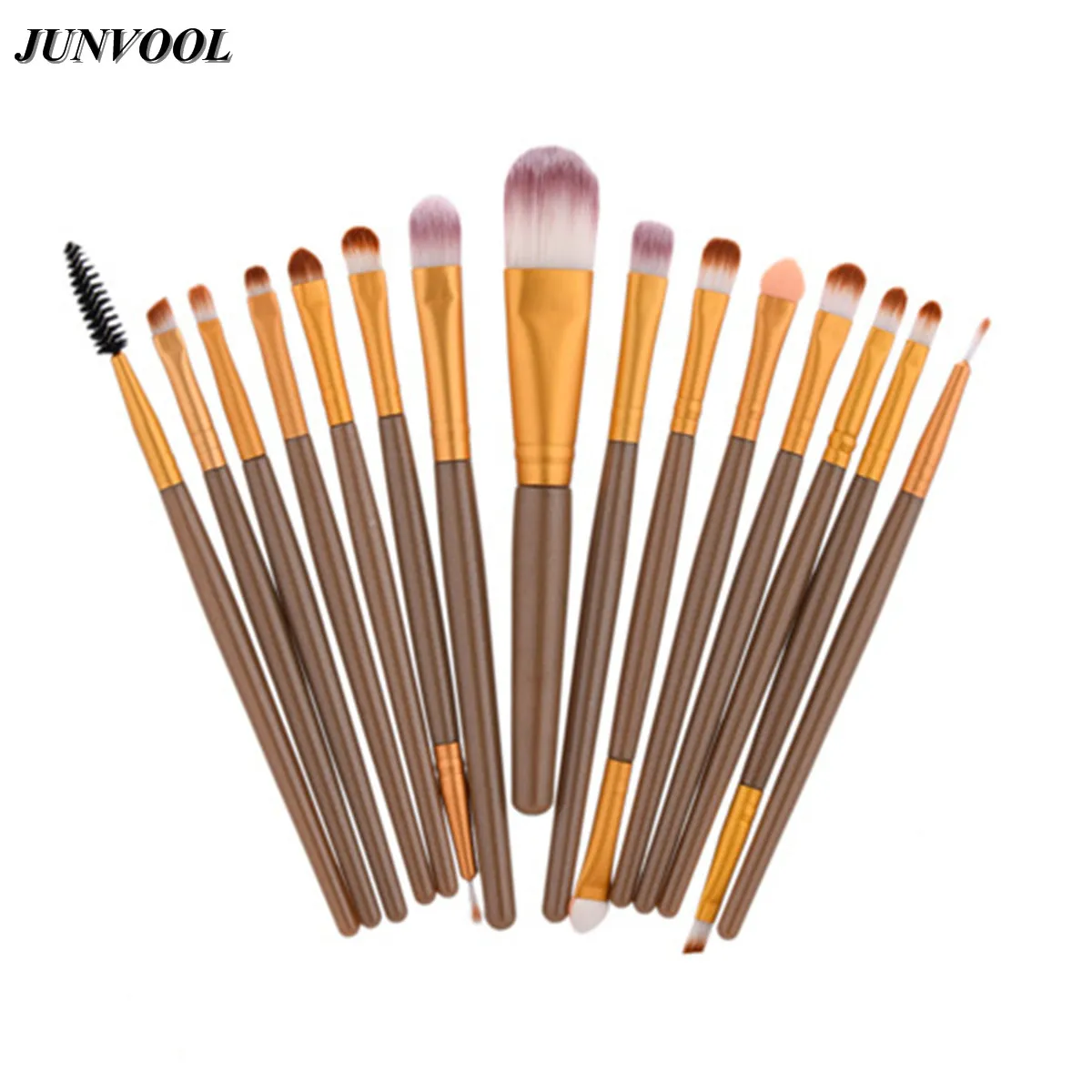 15Pcs Eyes Face Makeup Brushes Set Brown Gold Pro Eyeliner Eyelash