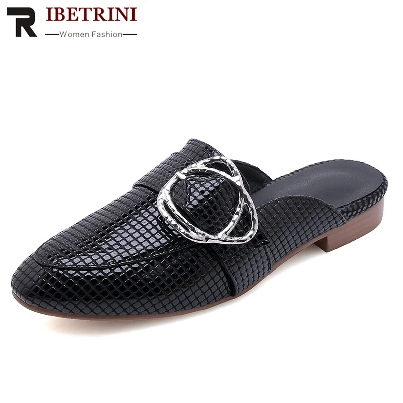 

RIBETRINI 2019 New Style Genuine Lether Elegant Plaid Fashion Women Shoes Leisure Comfortable Casual Mules Shoes Woman