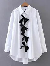 Fashion White Bow Front High Low Shirt Casual Women Elegant Long Sleeve Brief Lapel Collar Cotton Blouse