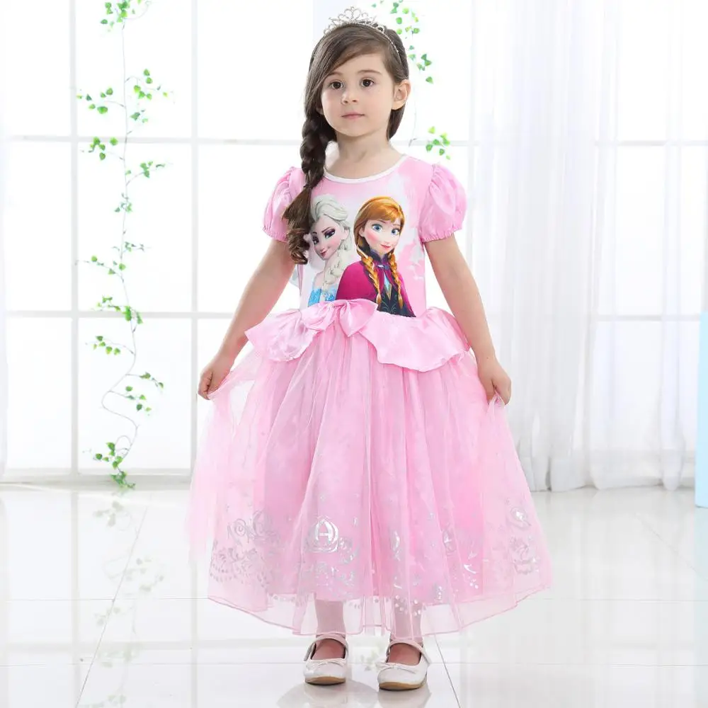 2017 Toddlers Baby Girl Elsa Princess Dress Blue Pink Clothes Anna Dress Print Gown Elza Costume Girls Party Clothing 3