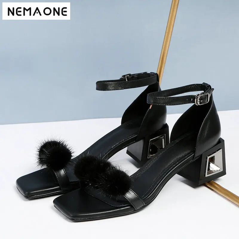 

NEMAONE Elegant Sandals Womens Genuine Leather Chunky Square Heel Gladiator Rome ankle strap Sandals Shoes Woman size 41 42 43