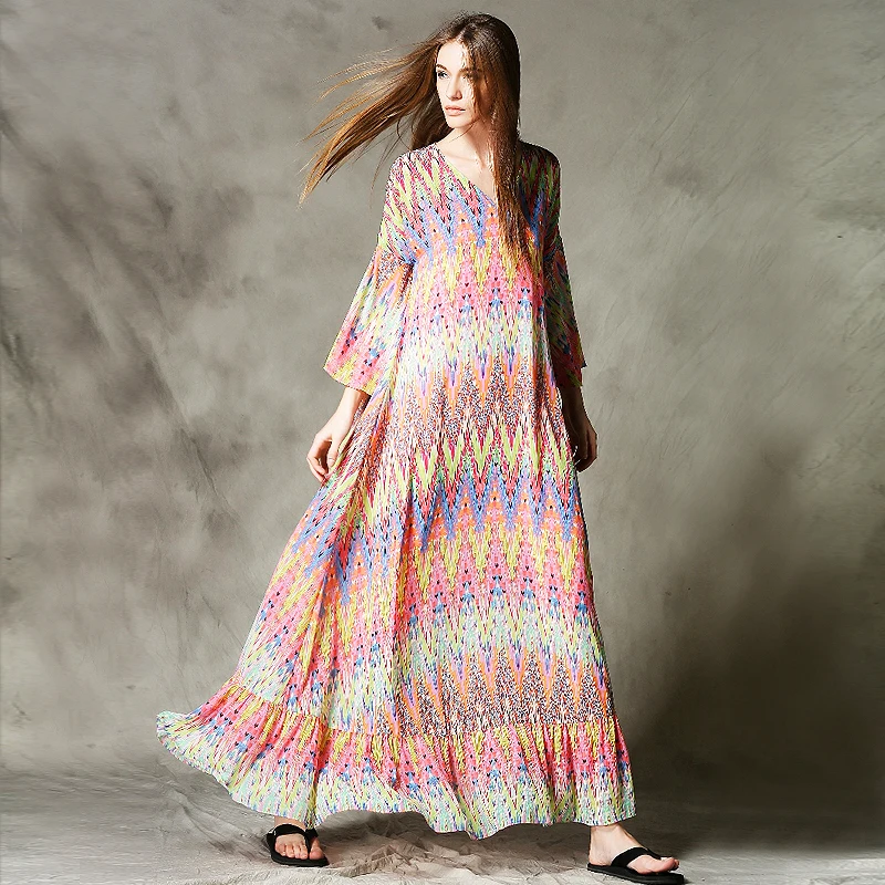 C4004 Nieuwe Collectie 2016 vrouwen bohemian losse een lijn Pop gestreepte chiffon lange maxi strand jurk zomer stijl C4004 Nieuwe Collectie 2016 vrouwen bohemian losse een lijn Pop gestreepte chiffon lange maxi strand jurk zomer stijl