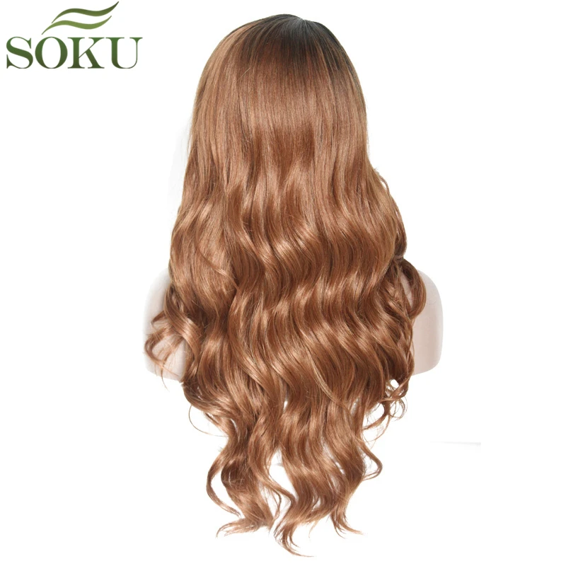Ombre Brown Synthetic Lace Wigs With Bang Side Part Long Wave Wigs For Black Women Glueless Heat Resistant Fiber Wig SOKU