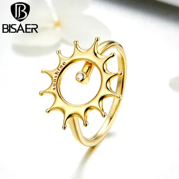 

BISAER Geometric Sunny Shape Ring Gold Color Women Wedding Fashion Rings Party Golden Jewelry WEYR192