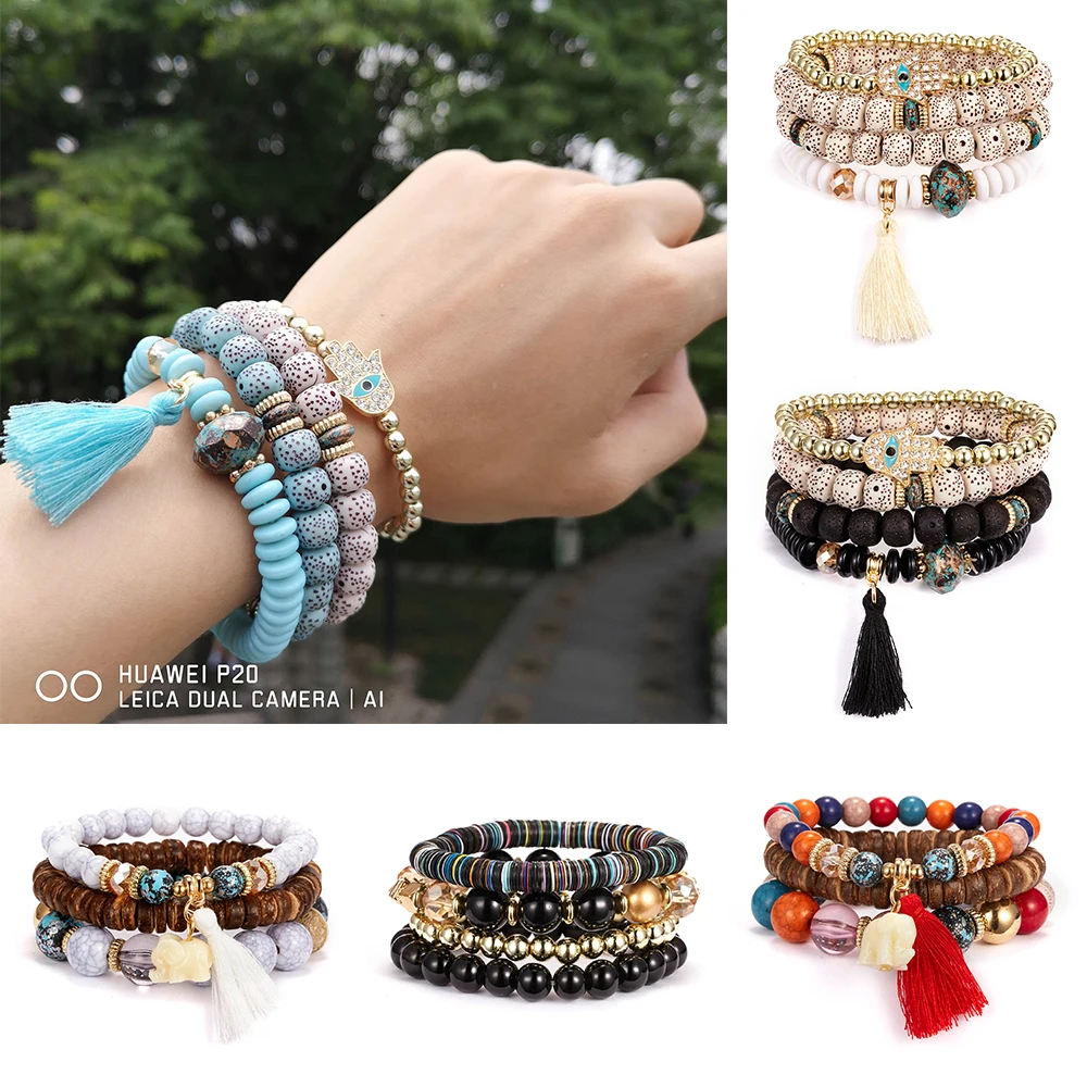 

2019 Vintage Ethnic multilayer Big Beads Elastic Bracelet Set Adjustable Boho Tassel Palm Flower Bangles Bracelets Women Jewelry