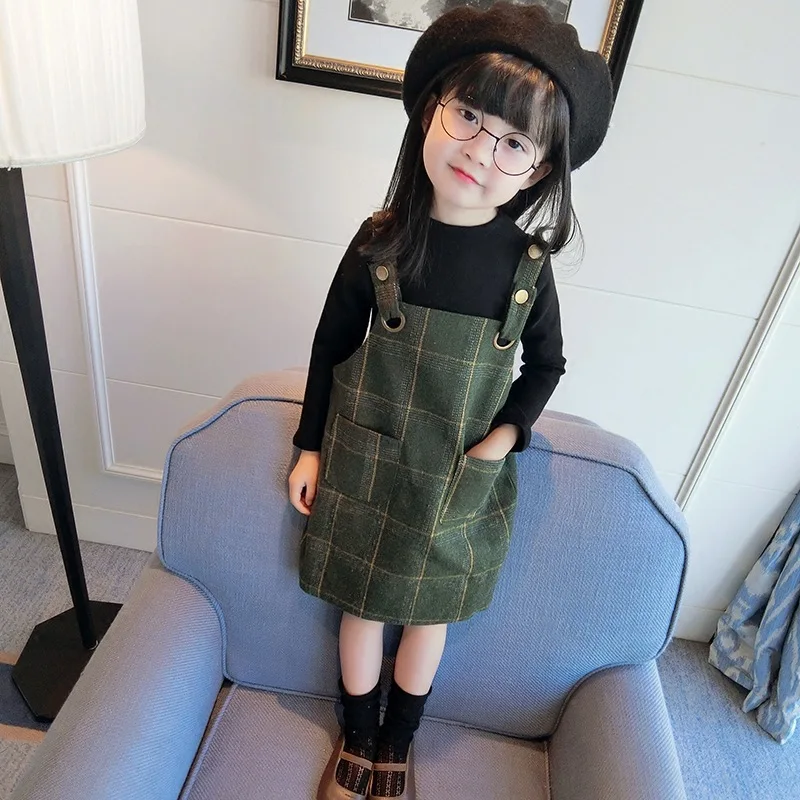 

2017 autumn baby girls fashion cute clothing set for girls strap dress plaid +long sleeve shirt two pieces