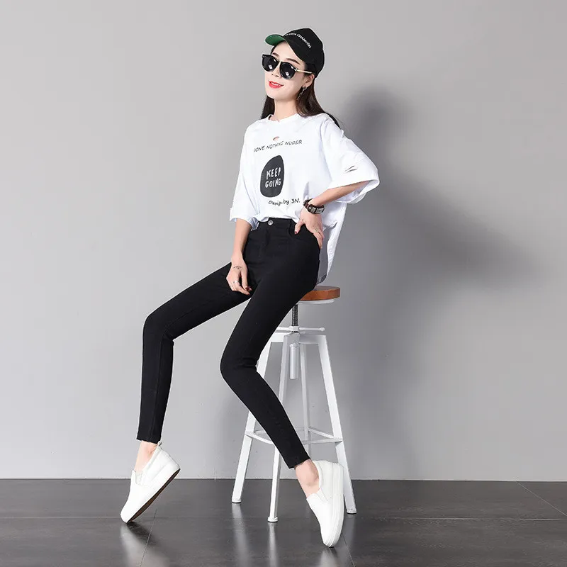 

Plus Size button fly women jeans High Waist blue pants jeans for women high elastic Skinny Stretchy Women pants