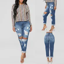 Для женщин; Большие размеры карманами длинные джинсы джинсовые рваные штаны с дырками на каждый день Trousers_3.15
