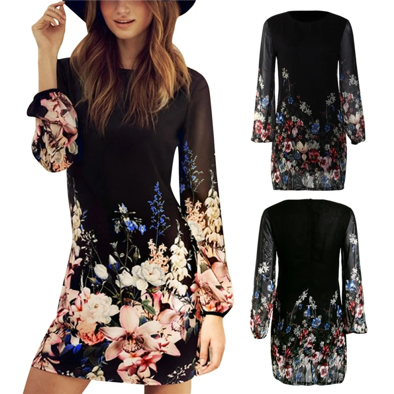 

Women Sexy Chiffon Casual Long Sleeve Evening Party Beach Summer Mini Dress