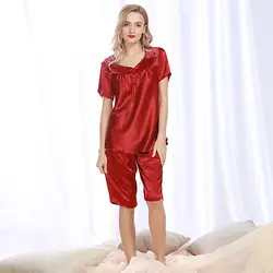 Дамы шелковый атлас пижамный комплект короткий рукав пижама комплект круглый Средства ухода за кожей Шеи Пижама комплект Кружево пижамы