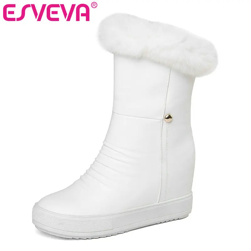 

ESVEVA 2020 Women Boots Mid-calf Boots Round Toe Zipper Fur Wedge Med Heels Platform Casual Shoes Snow Boots Size 34-39