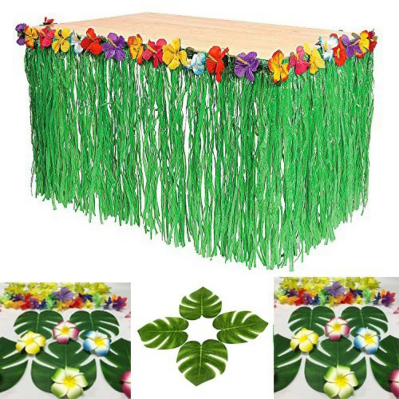 

Home Decor Hawaiian Grass Table Skirt Green String & Colorful Silk Faux Tropical Flowers Birthday Party Decoration