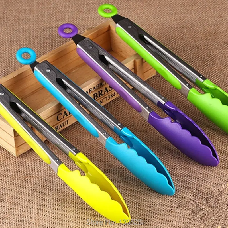 Colorful BBQ Tongs Silicone Cover Handle Kitchen Tongs Lock Design