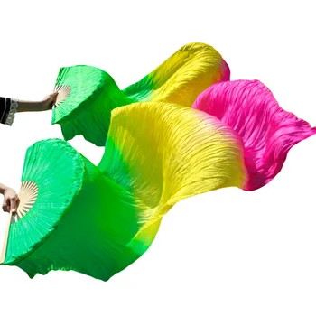 

Hits 2018 High selling handmade women Quality Silk Belly Dance Fans Dance 100% Real Silk Fans 1 Pair green + yellow + rose