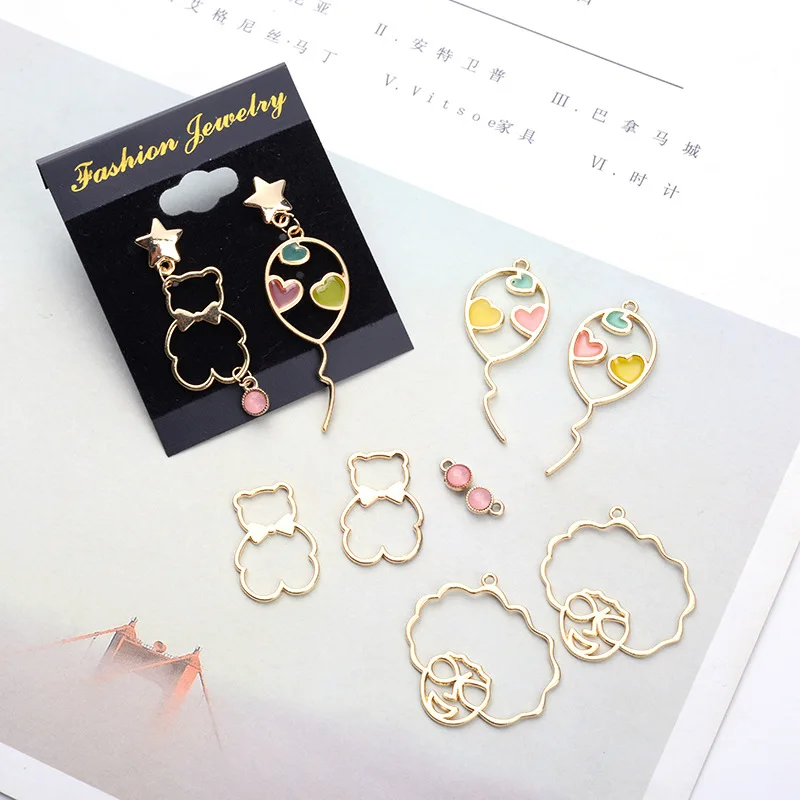 

10pcs/pack Lovely Ename balloon Bear Lady DIY Charms for Jewelry Making DIY Handmade fit Necklace Ear Accessories Gold color