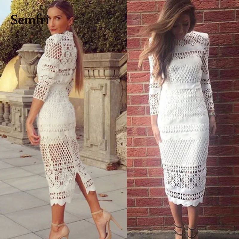 

Semfri Summer White Dress Women 2019 Long Sleeve Hollow Out Party Night Sexy Dress See Though O Neck Midi Dress High Quality