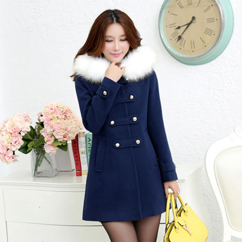 Pinky Is Black 2017 autumn winter women woolen coat outerwear female medium-long trench sweet preppy fur collar casual jacket