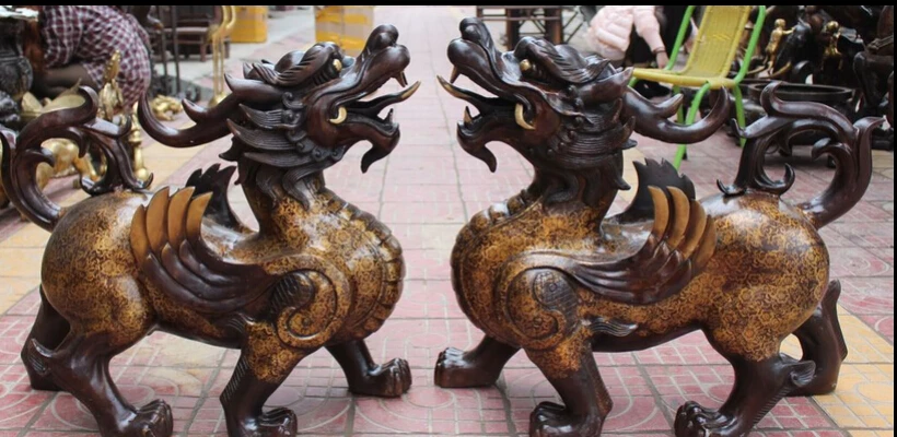 

005255 Chinese FengShui Bronze Gilt Kylin Kirin Chi-Lin Kilin Qilin unicorn Statue Pair