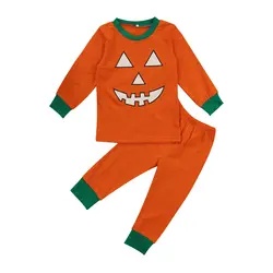 Хэллоуин детская одежда комплект для девочек Обувь для мальчиков с длинным рукавом Тыква футболка + длинные штаны комплект одежды