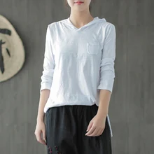 Осенняя Футболка женские модные повседневные топы Новые с капюшоном милые с длинным рукавом отверстие сплошной цвет свободные женские смешанные футболки Топы