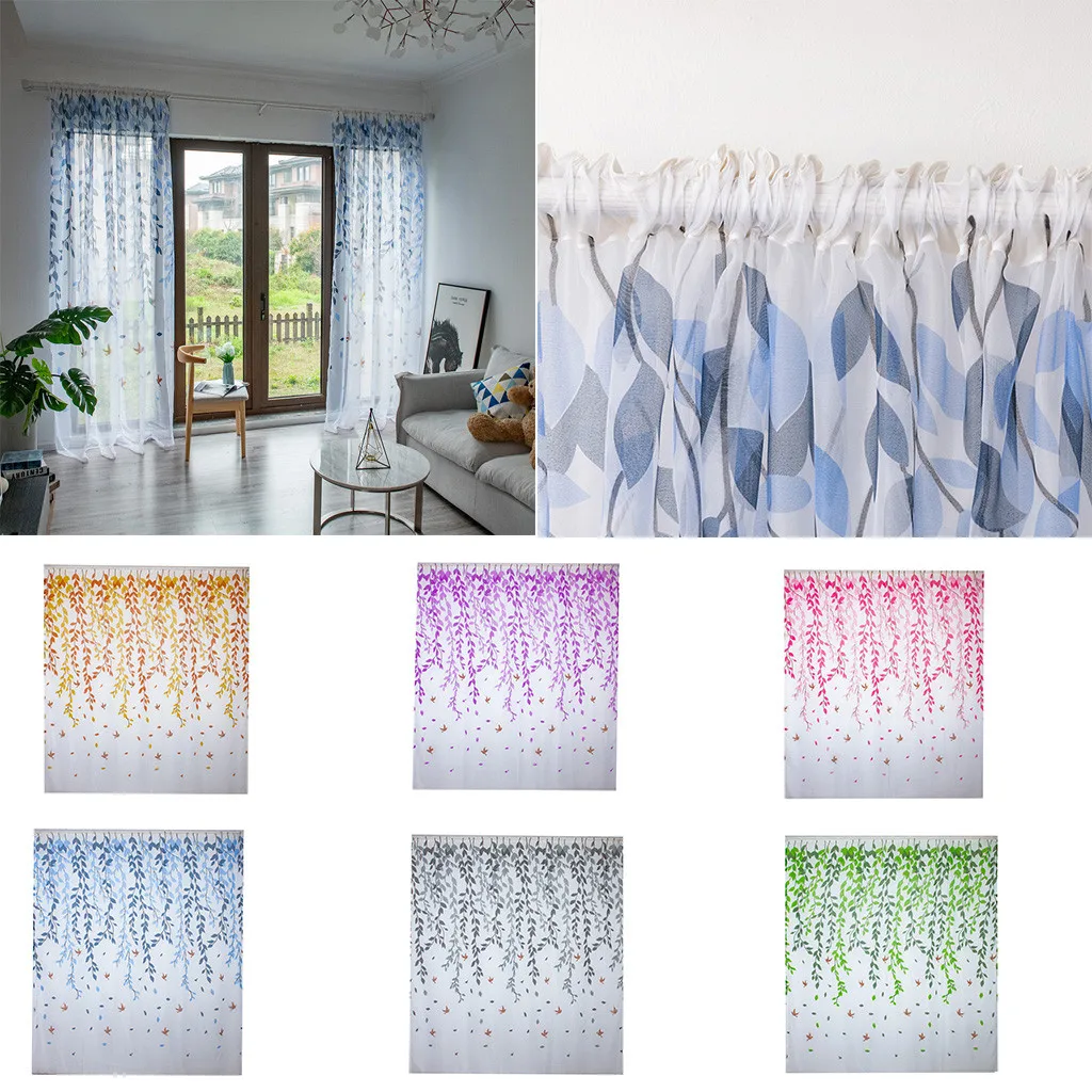 

2019 Modern Leaves Sheer Print Curtain Tulle Window Treatment Voile Drape Valance 1 Panel Fabric Curtains For Living Room 42