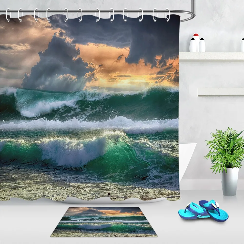 

LB Green Sea Wave Spindrift Sunset Yellow Cloud Shower Curtains Bathroom Mat Waterproof Polyester Fabric for Bathtub Home Decor