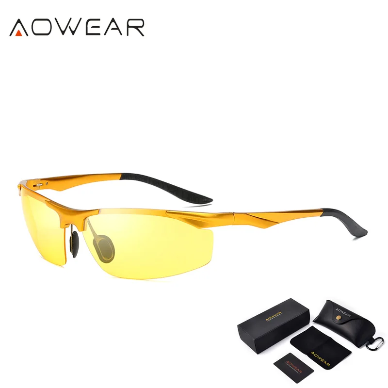 AOWEAR HD очки для ночного вождения мужские поляризованные солнцезащитные очки ночного видения мужские алюминиевые желтые солнцезащитные очки для водителя Gafas - Цвет линз: Gold Night Vision