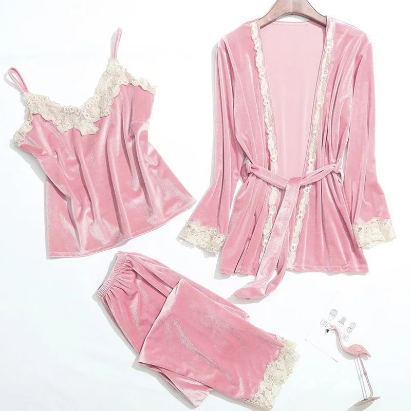 Autumn Winter Warm Pijamas Set Women Sleepwear Deep Gold Velvet Sexy Homewear Pijama pink lace solid Pajama Set 3 piece set Robe