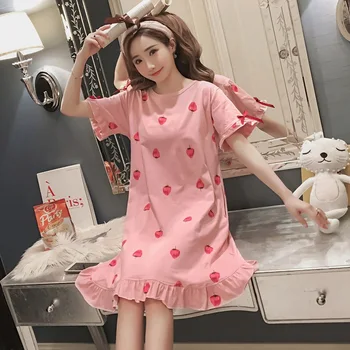 

2019 Summer 100% Cotton Nightgowns for Women Short Sleeve Ruffles Sleepwear Femme Print Night Dress Nightdress Home Dress Nighty