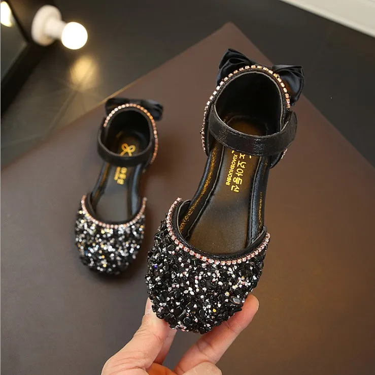 Новые летние Лидер продаж сандалии для девочек стильные яркие стразы обувь для девочек мягкая подошва дети плоские для маленькой принцессы сандалии 15-21 см - Цвет: Черный