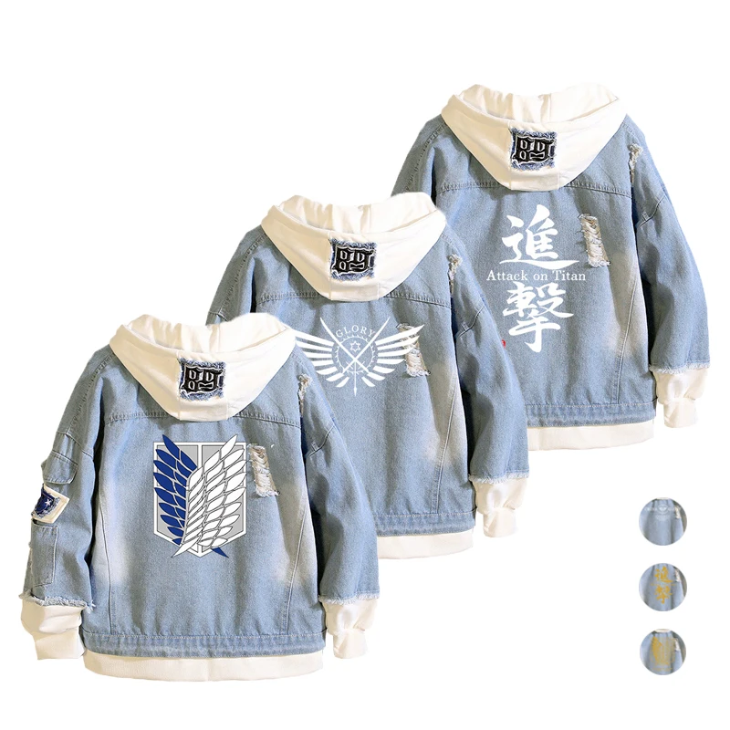 

Attack on Titan Cosplay Jeans Coat Shingeki no Kyojin Denim Jacket Men Winter Hooded Sweatshirt Outwear Harajuku Hole Hoodies