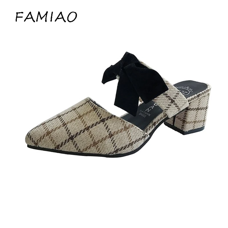 FAMIAO 2018 Butterfly knot High Heels Shoes Woman Fashion Dress Gladiator Sandals Summer Plaid 