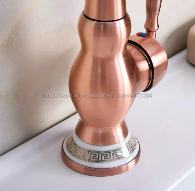 Deck Mounted Antique Red Copper Single Handle Hole Bathroom Sink Mixer Faucet Hot and Cold Water Mixer Tap Nnf641