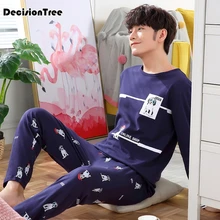 Мужской пижамный комплект с длинными рукавами, Мужская одежда для сна, одежда для сна из хлопка, ночная рубашка+ штаны