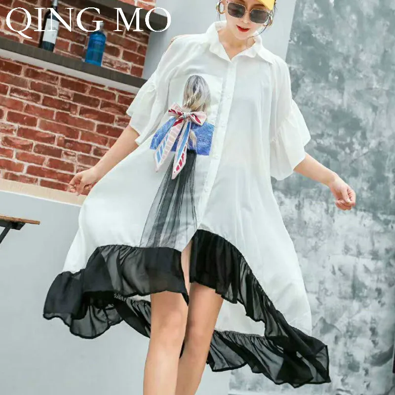 

QING MO Women Off Shoulder Irregular Dress Women Black White Bowknot Decorate Dress Female Mesh Patchwork Ruffle Dress ZQY780