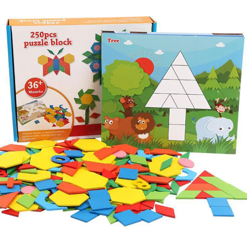 250 шт деревянная Геометрическая умная доска головоломка 3D Tangram головоломка настольная игрушка для детей раннего обучения обучающие игрушки для детей игры - Цвет: Многоцветный