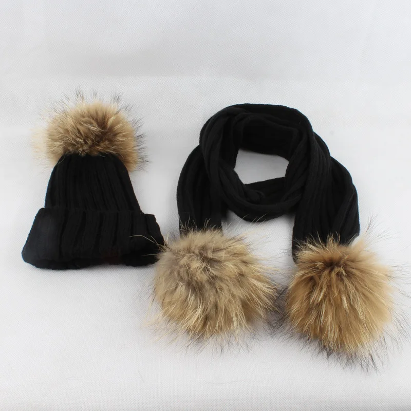 DANKEYISI, зимние теплые детские вязанные шарф и шапка, набор, вязаная шапка и шарф, однотонные шапки с натуральным мехом, шапки-бини для мальчиков и девочек - Цвет: black
